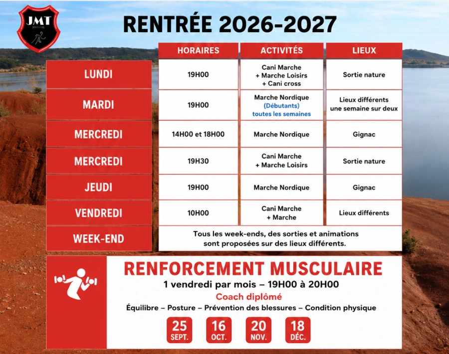 Planning des séances Je Marche Toujours 2026-2027